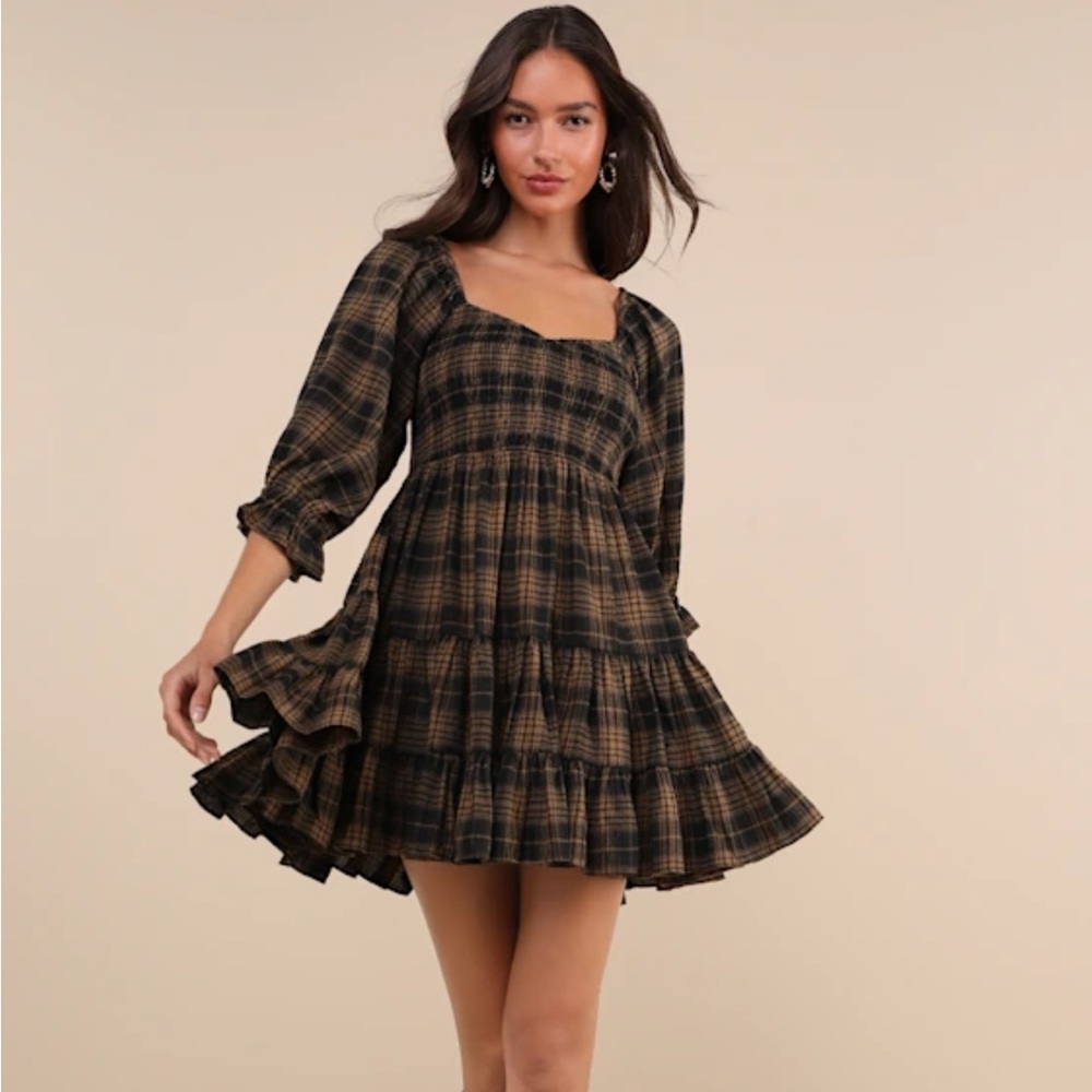 Lulus No One Cuter Black and Tan Plaid Puff Sleeve Tiered Mini Dress NWT